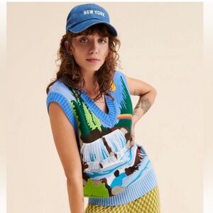 House of Sunny unisex blue landscape V-Neck Knit Sweater Vest